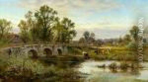 A Figure Crossing A Bridge Over A River With Cattle Watering At The Bank Oil Painting - Alfred Augustus Glendening