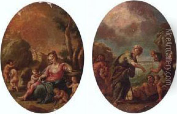 A Goddess Surrounded By Putti; And A Goddess With Fisherman Oil Painting - Francesco Stringa