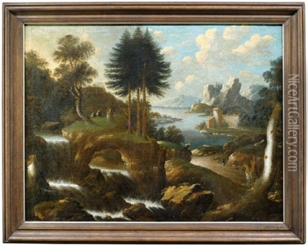 Flusslandschaft Mit Waserfall Und Gehoft Oil Painting - Peter Von Bemmel