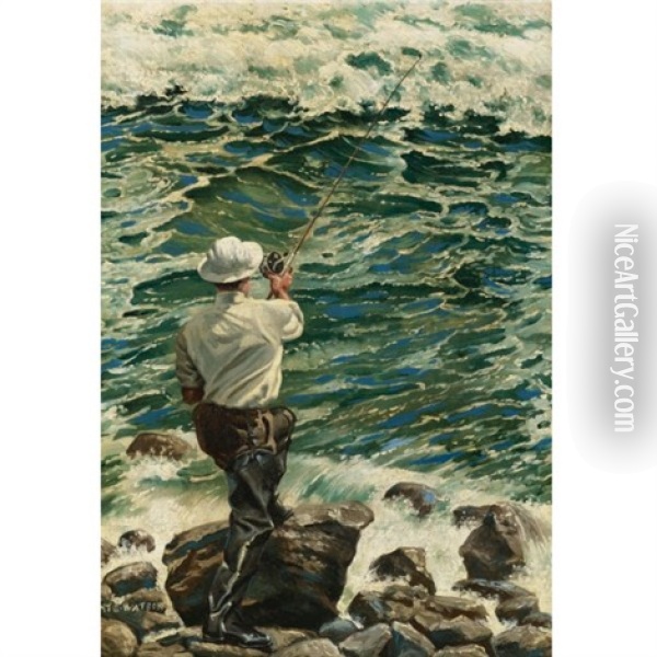 Casting Into The Montauk Surf Oil Painting - Henry Sumner (HY) Watson