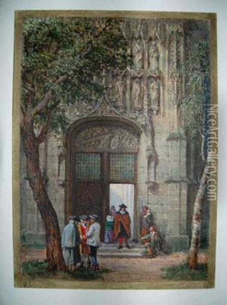 [<devant Le Portail D'une Eglise>], S.d Oil Painting - Charles Haghe