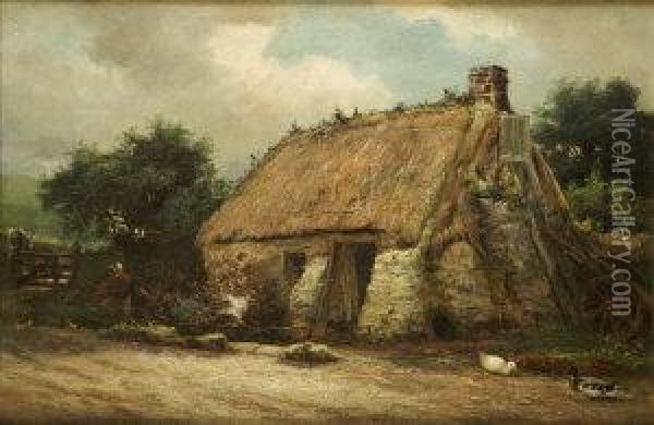 Feeding Ducks By West Of Ireland Cabin Oil Painting - Alexander Williams