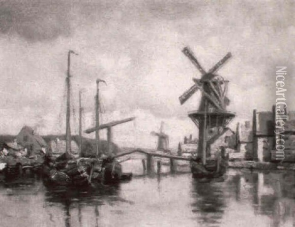 Niederlandische Kanallandschaft Oil Painting - Frans Wilhelm Maecker