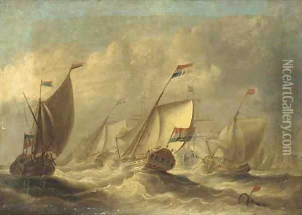 An Amsterdam State Yacht in the company of the Dutch fleet Oil Painting - William Stuart