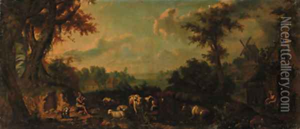 A milkmaid with cattle and sheep in an extensive wooded river landscape Oil Painting - Giuseppe Gambarini