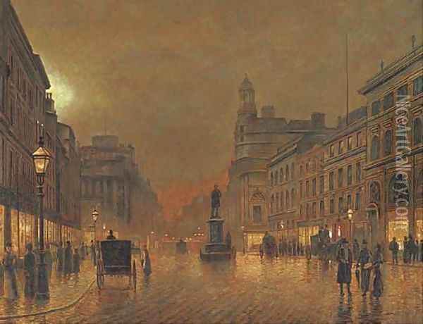 A busy street by night Oil Painting - John Atkinson Grimshaw