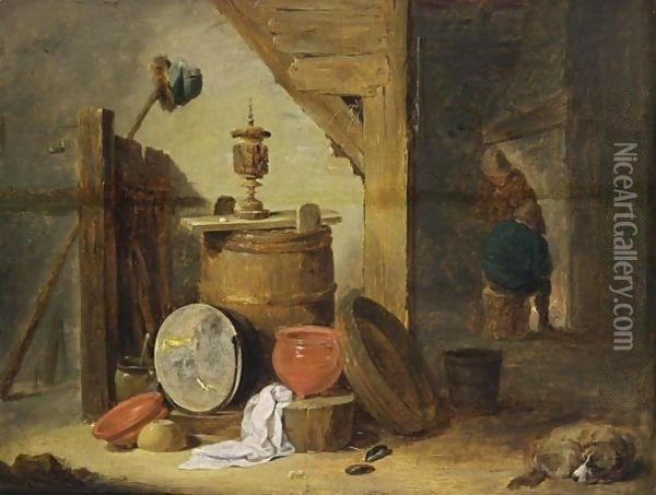 An Interior Of An Inn With A Dog And Kitchen Utensils In The Foreground, Two Figures Near A Fireplace Beyond Oil Painting - David The Younger Teniers