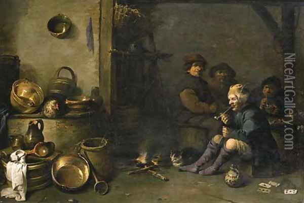 Boors smoking by a fire in a barn, with pots, pans and other kitchen utensils in the foreground Oil Painting - Pieter de Bloot