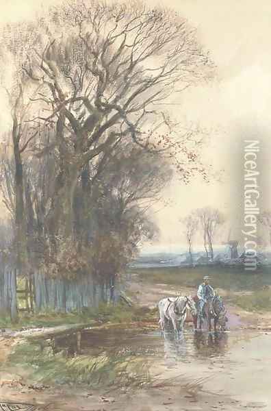 The plough team watering at the ford Oil Painting - Henry Charles Fox