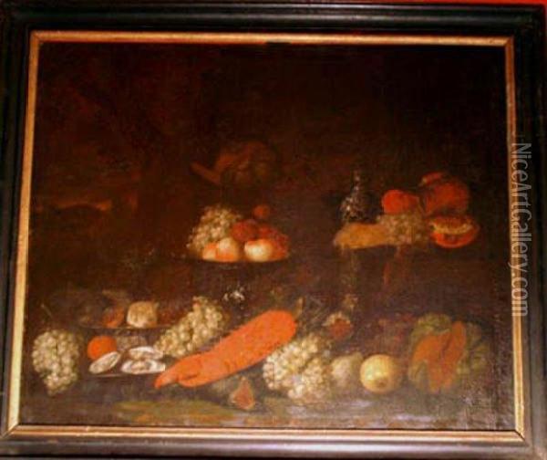 Large Still Life With Lobster Fruits And A Wanli Bottle In Landscape Oil Painting - Jan Pauwel Ii Gillemans