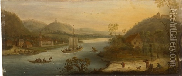 Weite, Hugelige Flusslandschaft Mit Lastkahn Und Ruderbooten Oil Painting - Johann Friedrich Weitsch