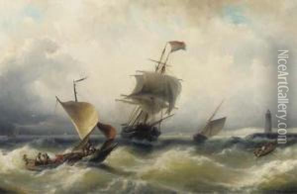 Shipping On A Choppy Sea Oil Painting - Nicolaas Riegen