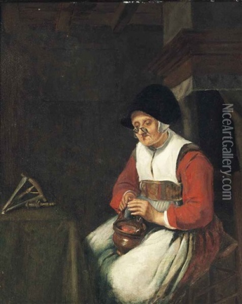 An Old Woman Seated In An Interior With A Flax Winder Oil Painting - Nicolaes Maes