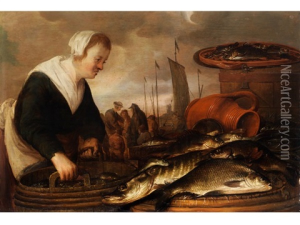 Fischersfrau Mit Grossem Fischbottich Und Ausgelegten Fischen Neben Tonkrug Und Fischkasten Oil Painting - Pieter de Putter