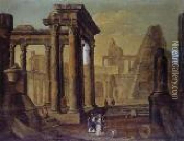 Capriccio With Roman Ruins Oil Painting - Hubert Robert