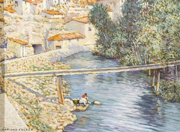 Wascherin Am Fluss Oil Painting - Mariano Felez