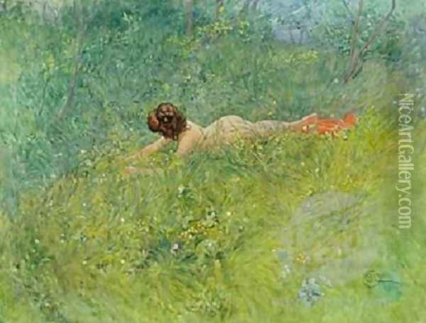 On the Grass Oil Painting - Carl Larsson