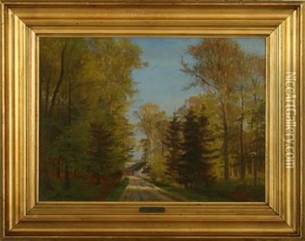 Forrest Scenery With House Oil Painting - Eiler Rasmussen Eilersen