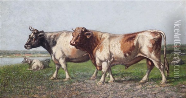 Vaches Au Pre Pres De L'eau Oil Painting - Leon Massaux
