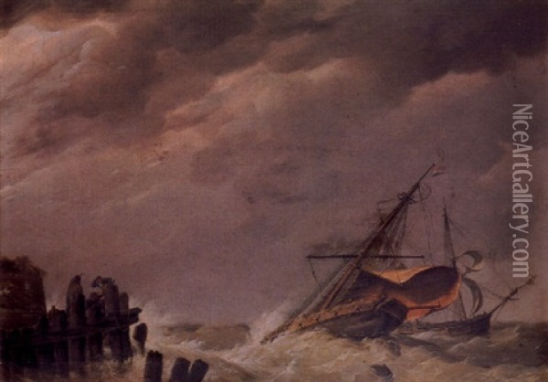 Dutch Vessels In A Squall With Figures On A Wooden Jetty Oil Painting - Johannes Hermanus Koekkoek