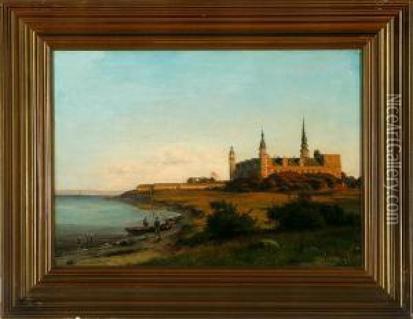 Evening Atmosphere By The Coast Of Elsinore Castle, Denmark Oil Painting - Carsten Henrichsen