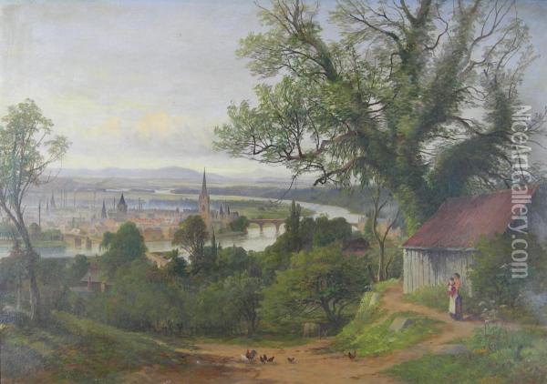 Perth Seen From A Distance With A Cottage And Figures In Theforeground Oil Painting - James Hall Cranstoun