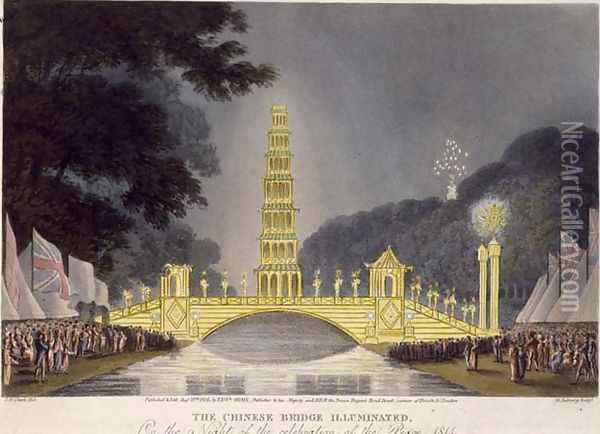 The Chinese Bridge Illuminated on the Night of the Celebration of the Peace, 1814 Oil Painting - John Heaviside Clark