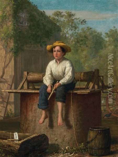 Farm Scene, Boy By A Well Oil Painting - Enoch Wood Perry