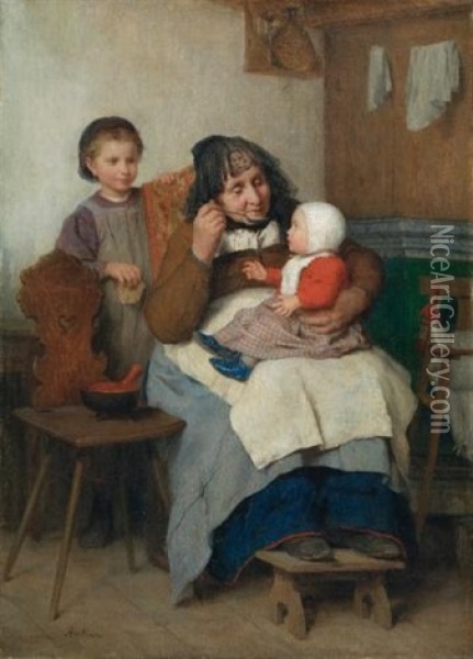 Grossmutter, Ihrem Enkelkind Die Suppe Gebend (grandmother Spooning The Soup To Her Grandchild) Oil Painting - Albert Anker