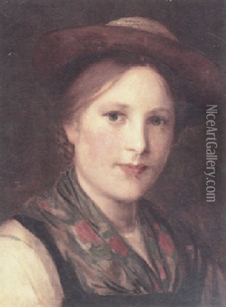 A Portrait Of A Young Girl With A Floral Scarf Oil Painting - Franz Von Defregger