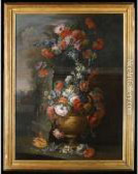Still Life With Two Vases Of Various Flowers In A Landscape Oil Painting - Michele Antonio Rapous