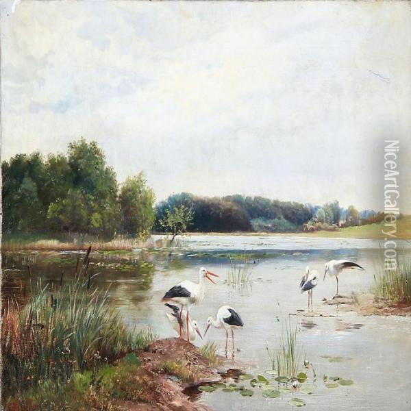 Landscape With Storks Oil Painting - Olaf August Hermansen