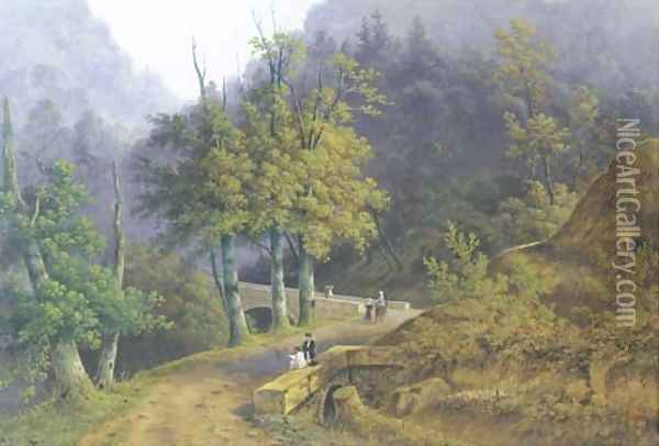A mountainous wooded landscape with a draughtsman seated on a bridge and other figures strolling on a path Oil Painting - Henri Knip