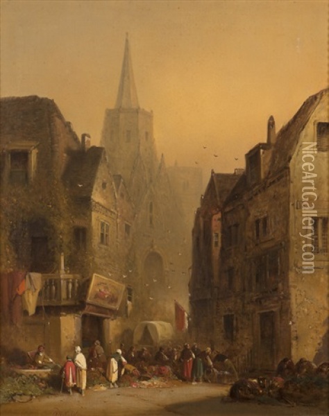 Street And Market At Amiens Oil Painting - George Washington Nicholson