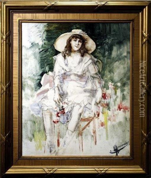 [portrait De Femme Au Chapeau] Oil Painting - Lievin Herremans