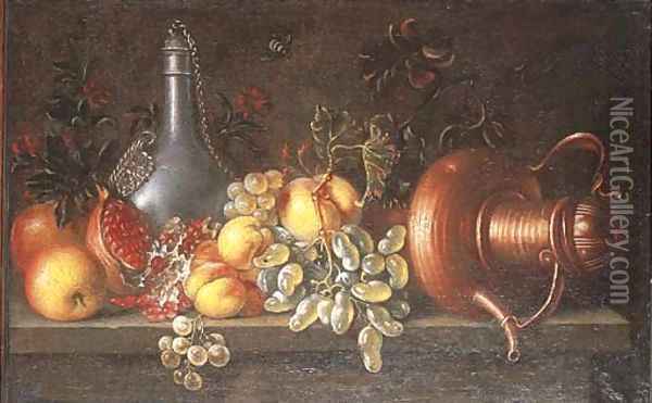 An upturned copper teapot, a pewter flagon and fruit on a ledge Oil Painting - Johannes Bouman