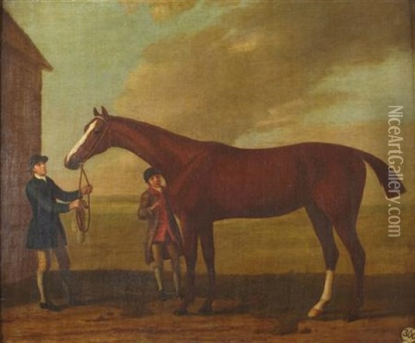 Chestnut Racehorse With Groom And Jockey (study) Oil Painting - Francis Sartorius the Elder