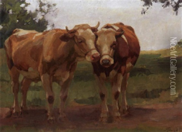 Zwei Rinder Auf Der Weide Oil Painting - Franz Jakob Elmiger