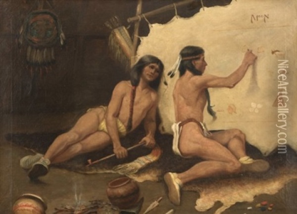 Two Seated Indians Painting A Hide Oil Painting - Carl Moon