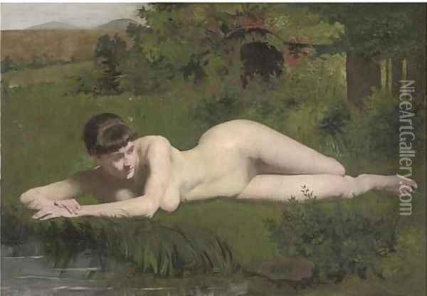 Reclining nude on the riverbank Oil Painting - Frank Duveneck