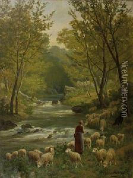 Bergere A La Riviere Oil Painting - Charles Ferdinand Ceramano