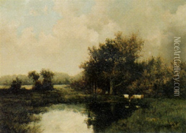 Landscape With Watering Cows Oil Painting - Willem Cornelis Rip