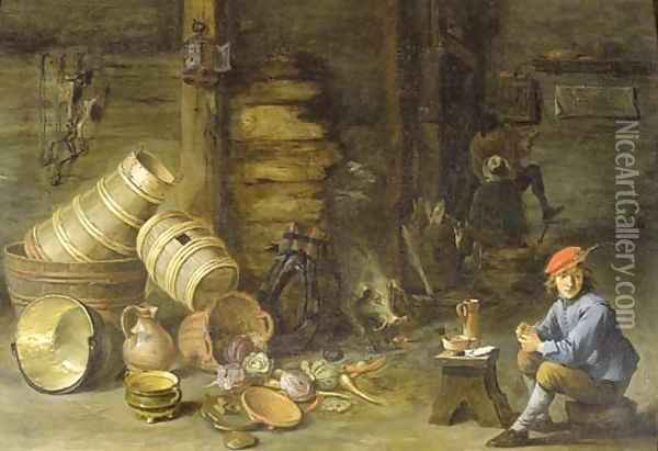 A young man filling a pipe in an interior Oil Painting - David The Younger Teniers