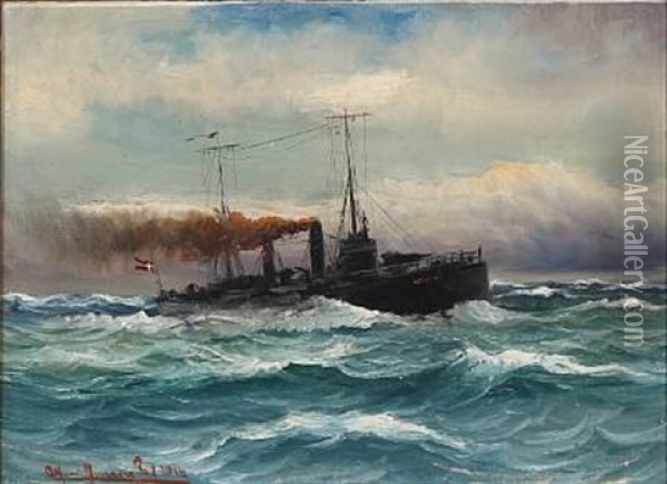Seascape With A Torpedo Ship In Rough Sea Oil Painting - Alfred Serenius Jensen