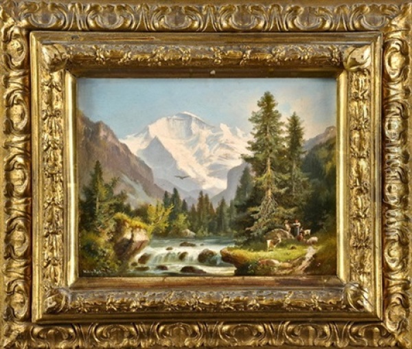 Rastende Hirten Mit Ziegen An Einem Alpinen Fluss Oil Painting - Hubert Sattler