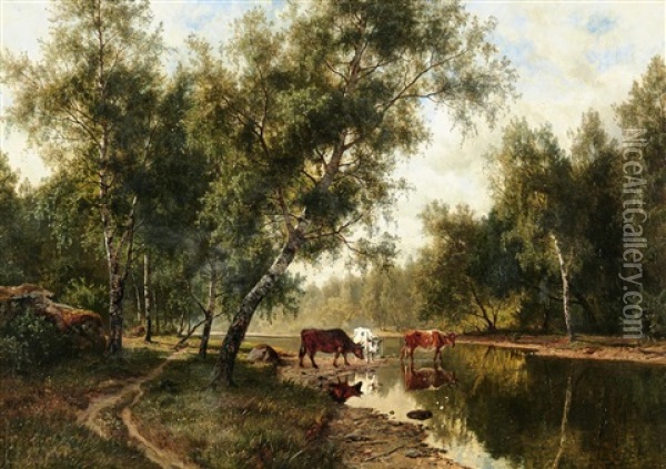 Landskap Med Kor Vid Ett Vattendrag Oil Painting - Edward (Johan-Edvard) Bergh