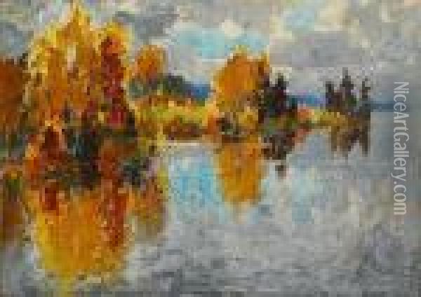 A River Landscape In Autumn Oil Painting - Konstantin Ivanovich Gorbatov