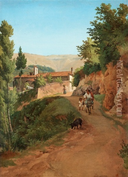 Italienskt Bergslandskap Med En Man Ridande Pa En Asna Oil Painting - Gustaf Wilhelm Palm