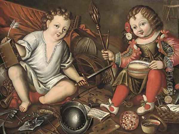 An Allegory of Male and Female, two children seated in an interior with masculine and feminine symbols Oil Painting - Spanish School