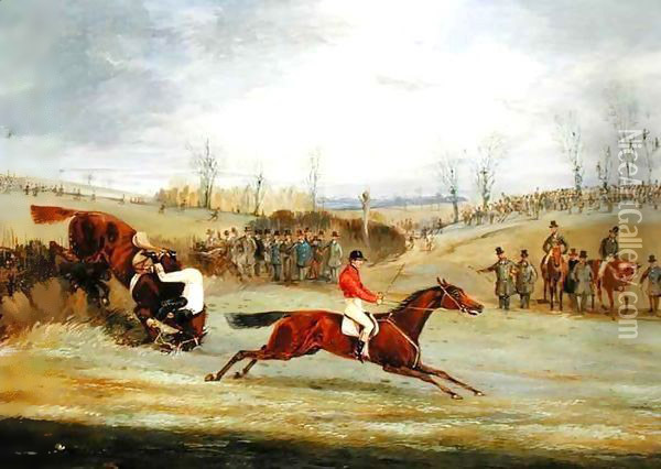 A Steeplechase, Another Hedge Oil Painting - Henry Thomas Alken